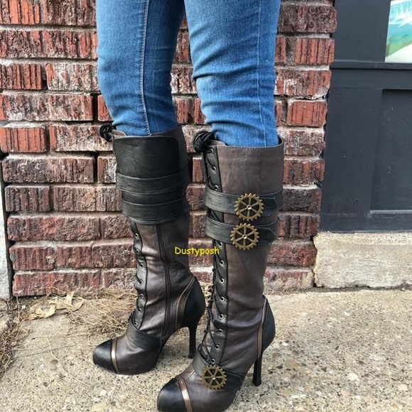 Steampunk Knee High Lace Up 4" Heel Boot Wild West Sexy Goth Cosplay Pirate - Picture 5 of 5